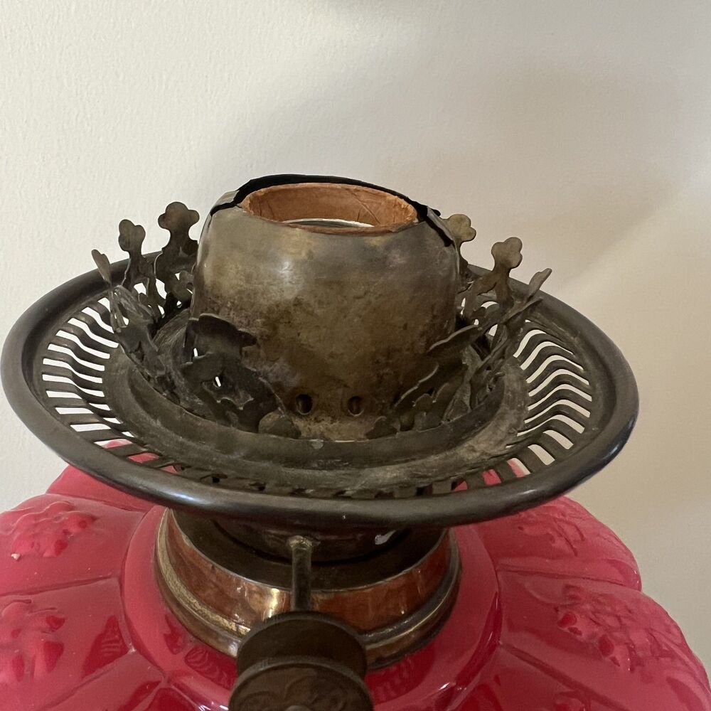 Antique Victorian Pink Cranberry Milk Glass Oil Lantern Electric Parlor Lamp - Picture 6 of 14